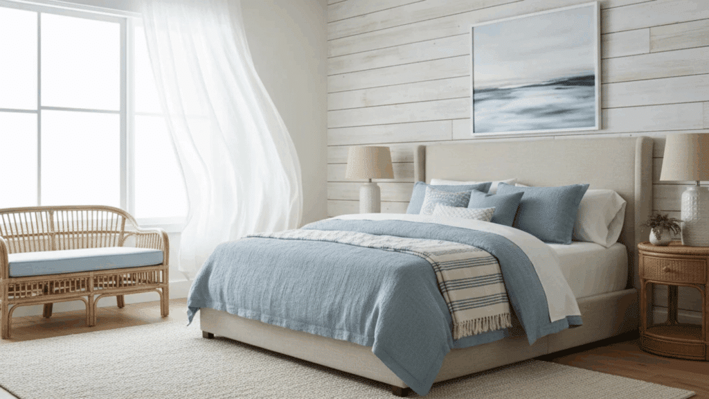 bright bedroom with blue accent wall white bedding paint supplies on floor and sunlight through window