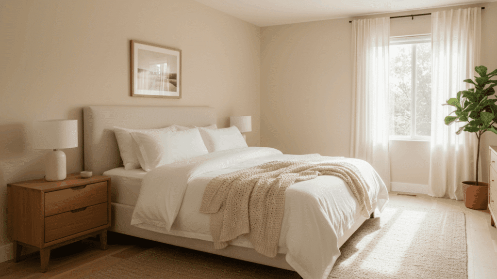bright beige bedroom with soft bedding wooden nightstand and large window
