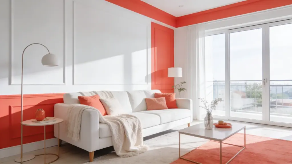 bright coral and white living room with soft sofa clean walls natural light and a fresh cheerful modern interior design