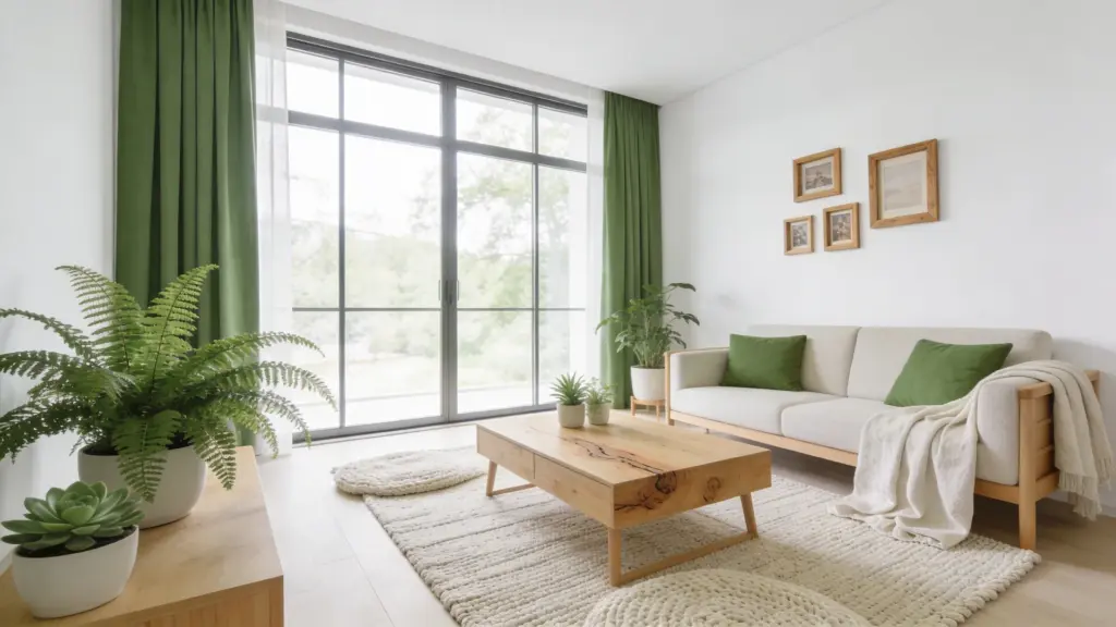 bright green and white living room with indoor plants natural light wooden furniture and a fresh clean airy interior design