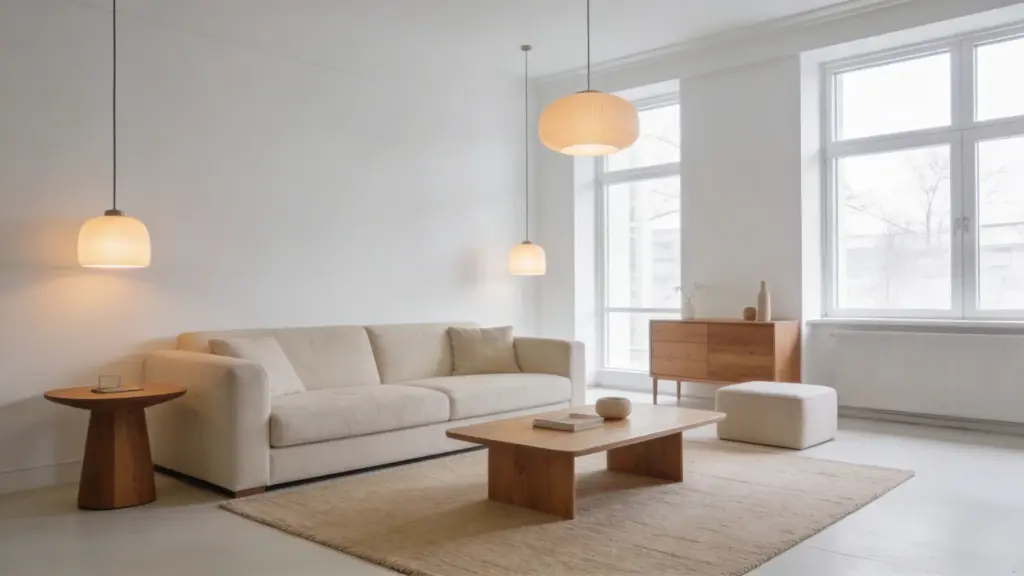 bright living room with white and beige tones cozy sofa wooden furniture soft lighting and natural light from large windows