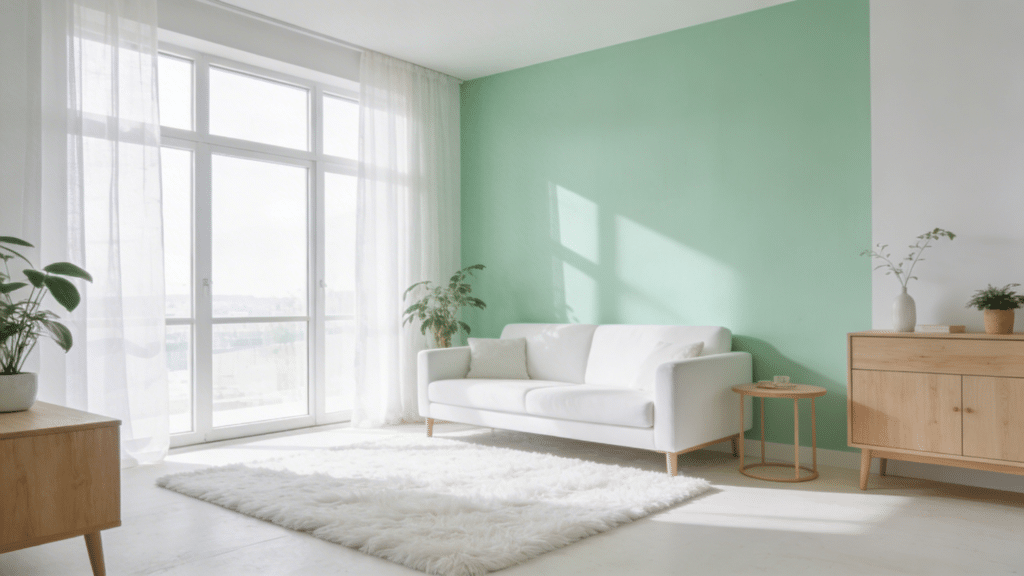 bright mint green and white living room with white sofa soft rug wooden furniture sheer curtains and sunlit airy space