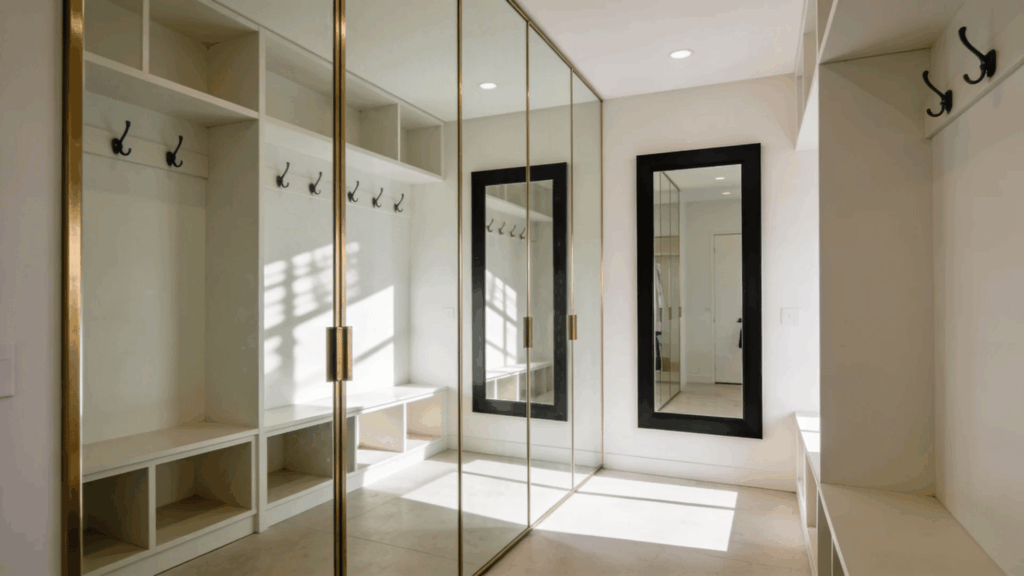 bright mudroom with mirrored closet doors hooks and bench creating clean modern organized entry space