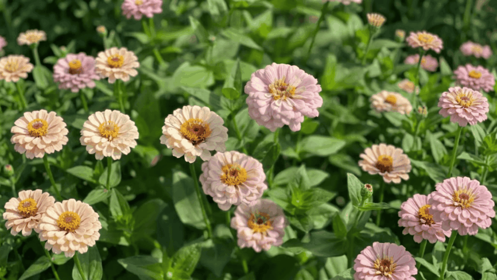 bright multilayered layer zinnias in white growing in a sunny outdoor garden