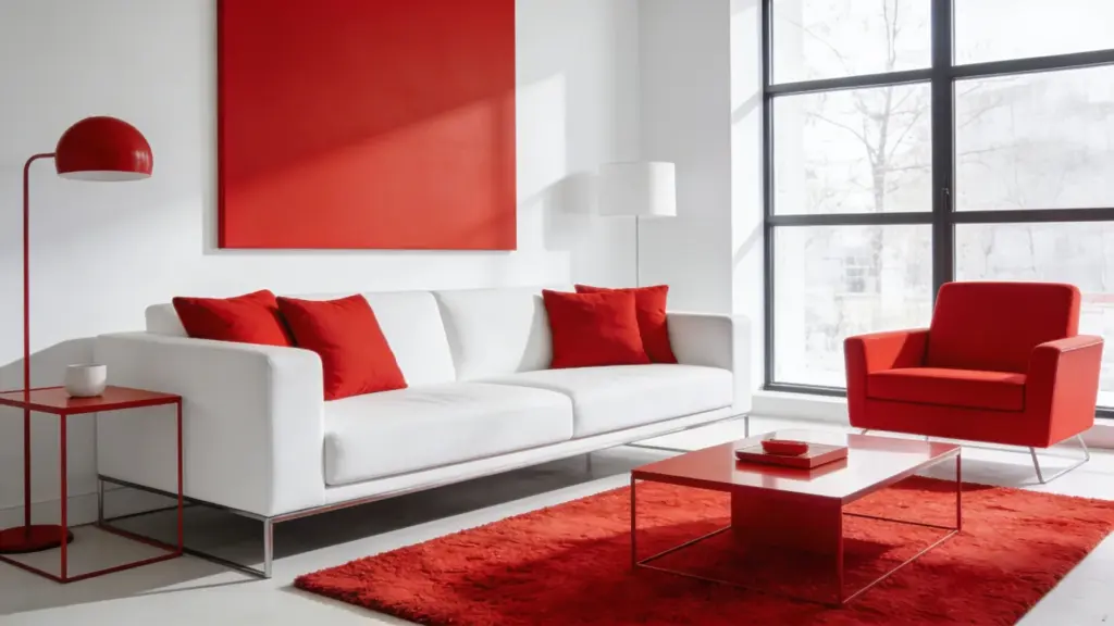 bright red and white modern living room with white sofa red cushions matching armchair large window and minimal décor