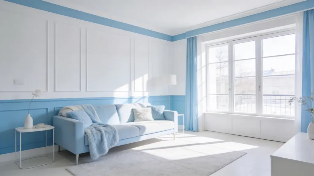 bright sky blue and white living room with soft sofa clean walls natural light and a calm airy modern interior design