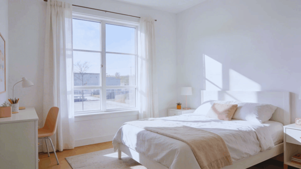 bright teen bedroom with white bed large window natural light desk and clean minimal decor