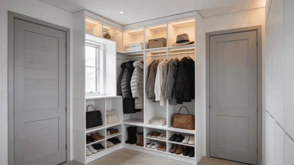 bright walk in closet with shelves hanging clothes shoes and baskets creating clean organized dressing space