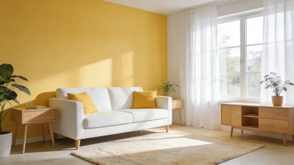 bright yellow and white living room with white sofa yellow accent pillows wooden furniture sheer curtains sunlit window and cozy modern decor