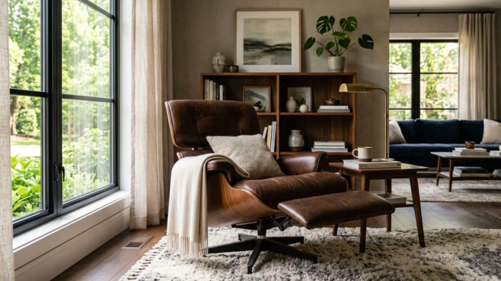brown leather lounge chair with ottoman near window with bookshelf plants and soft rug in warm styled room