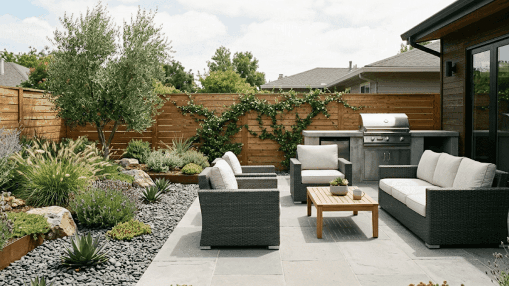 build a patio space for low maintenance landscaping with seating area and simple plants in a clean easy care backyard