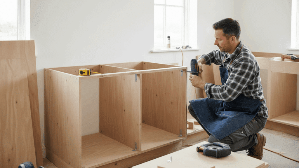 build or repurpose a base using wood panels tools and diy kitchen island frame assembly setup