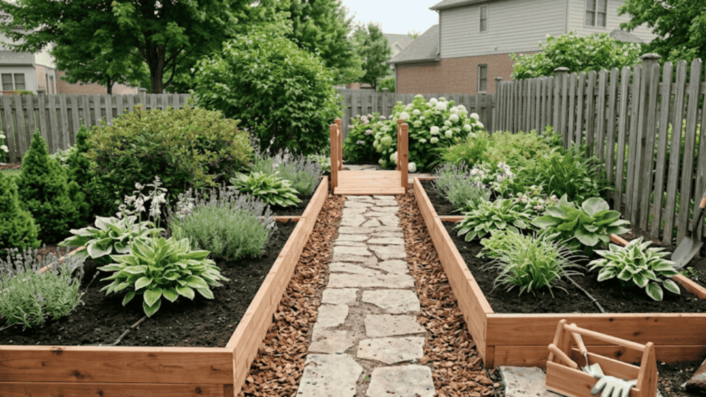 build raised garden beds with plants and stone path for low maintenance landscaping