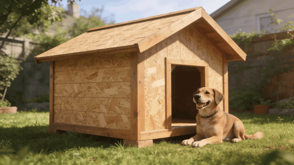 building a dog house in backyard with wooden shelter and dog sitting outside