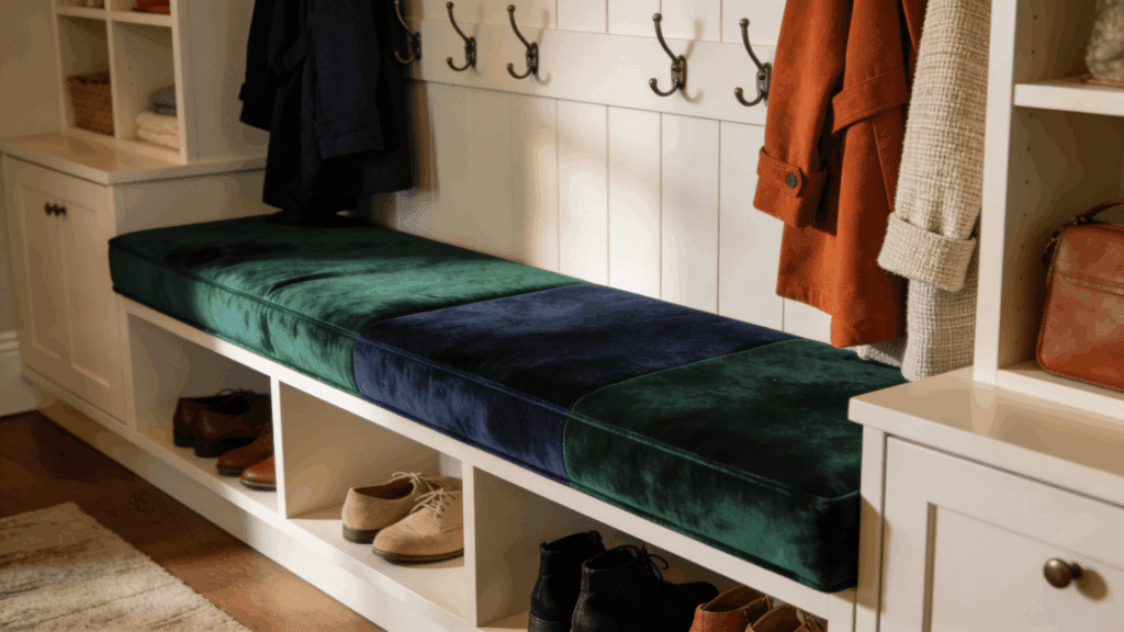 built in bench with velvet cushion and shoe storage creating cozy organized mudroom seating area