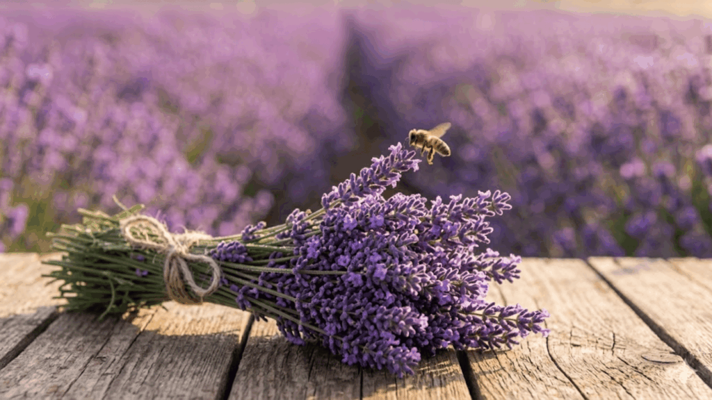 bundle of lavender flowers on wooden table with bee flying above in field showing perennial flower vs annual garden comparison
