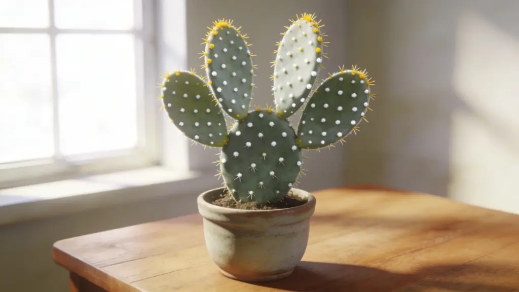 bunny ear cactus with flat oval pads and white dots in a small ceramic pot on a wooden table by a sunny window
