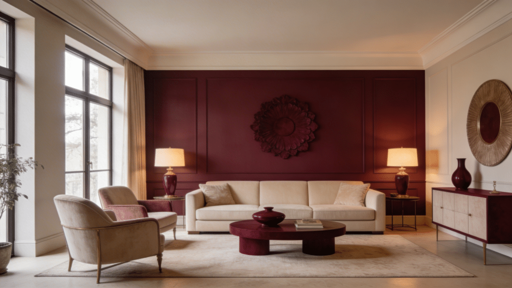 burgundy and beige living room with warm lighting elegant sofa soft textures and a cozy refined interior design style