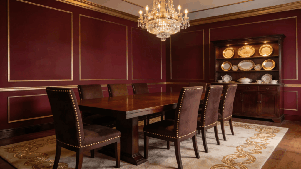 burgundy dining room with dark wood furniture gold accents and warm lighting creating a rich elegant feel