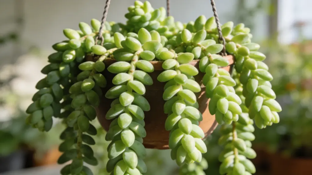 burro tail succulent in hanging pot trailing green bead-like leaves in bright sunlight with soft blurred background