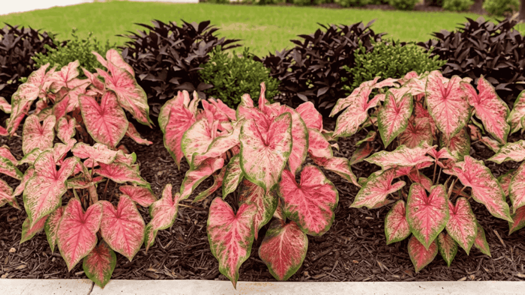 caladium plants with large colorful leaves in green red and white patterns in shade