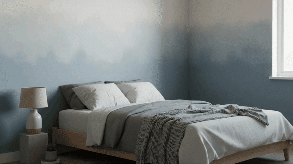 calm bedroom with blue wall wooden bed soft blanket and diffused light