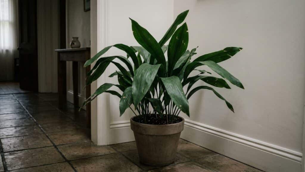 cast iron plant with dark leaves in low light area showing strong and durable indoor plant