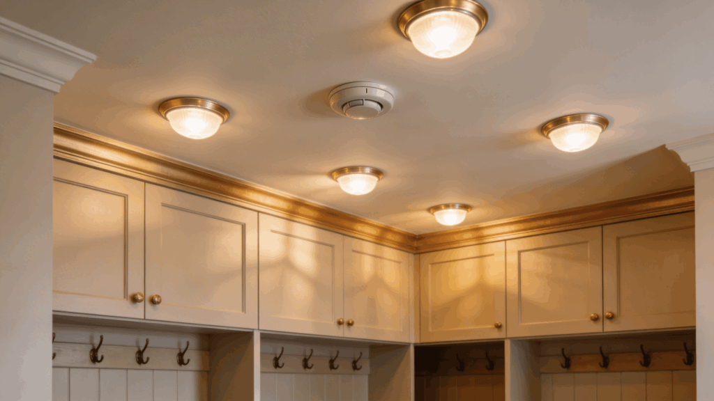 ceiling with multiple lights above built in cabinets and hooks creating bright functional mudroom storage