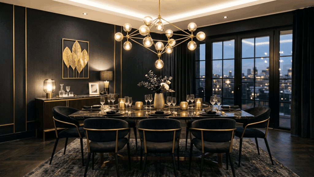 charcoal black dining room with gold details sleek furniture and dramatic lighting creating a modern look