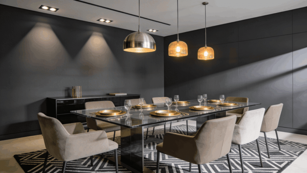 charcoal gray dining room with sleek furniture metallic accents and soft lighting creating a modern space