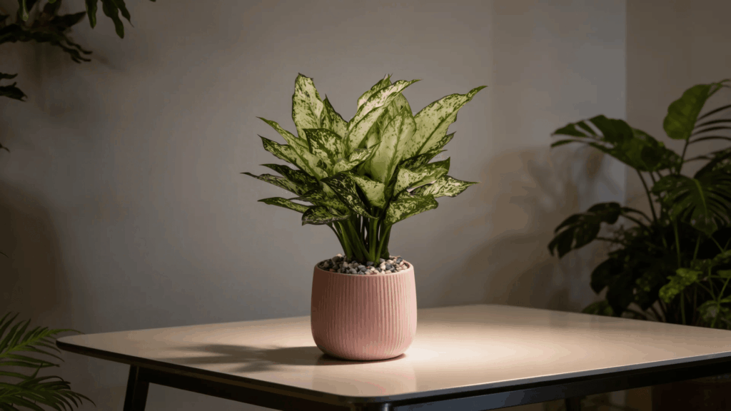 chinese evergreen plant with patterned leaves placed in low light indoor space on table setting