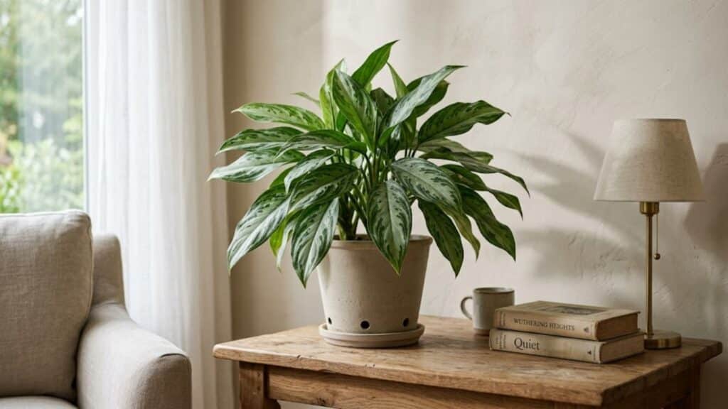 chinese evergreen with patterned leaves on table adding color and fresh indoor style