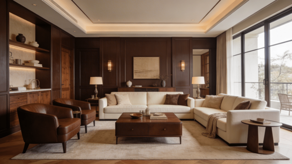 chocolate brown and cream living room with cozy sofa wooden furniture warm lighting and a rich inviting interior design style