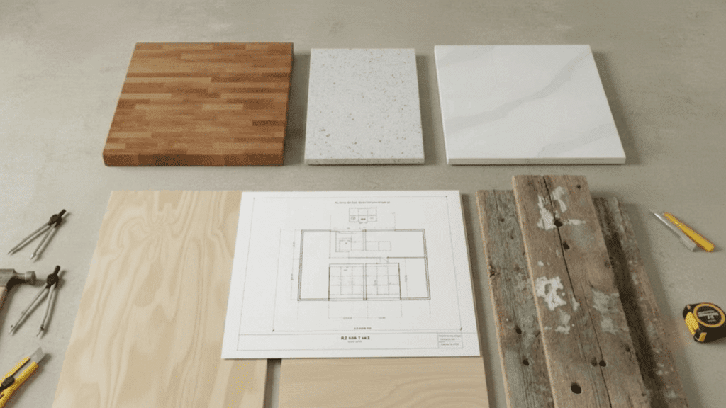 choose the right materials for kitchen island with wood boards tools and countertop options displayed