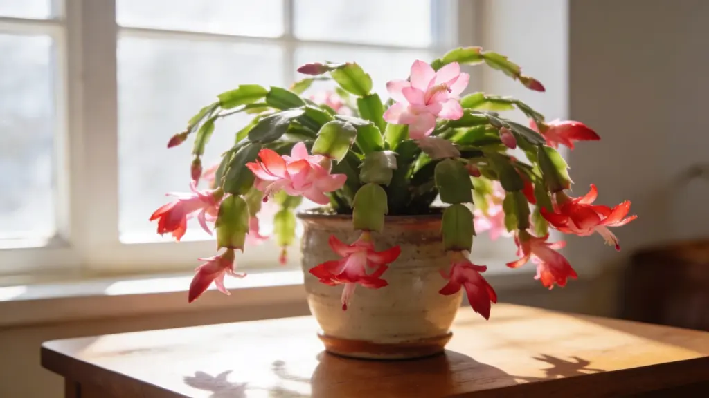 christmas cactus with pink and red blooms in a ceramic pot on a sunlit table by a bright window