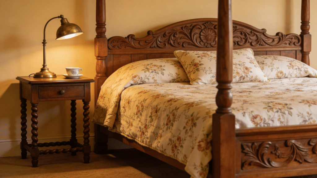 classic wooden bed with vintage nightstand and lamp
