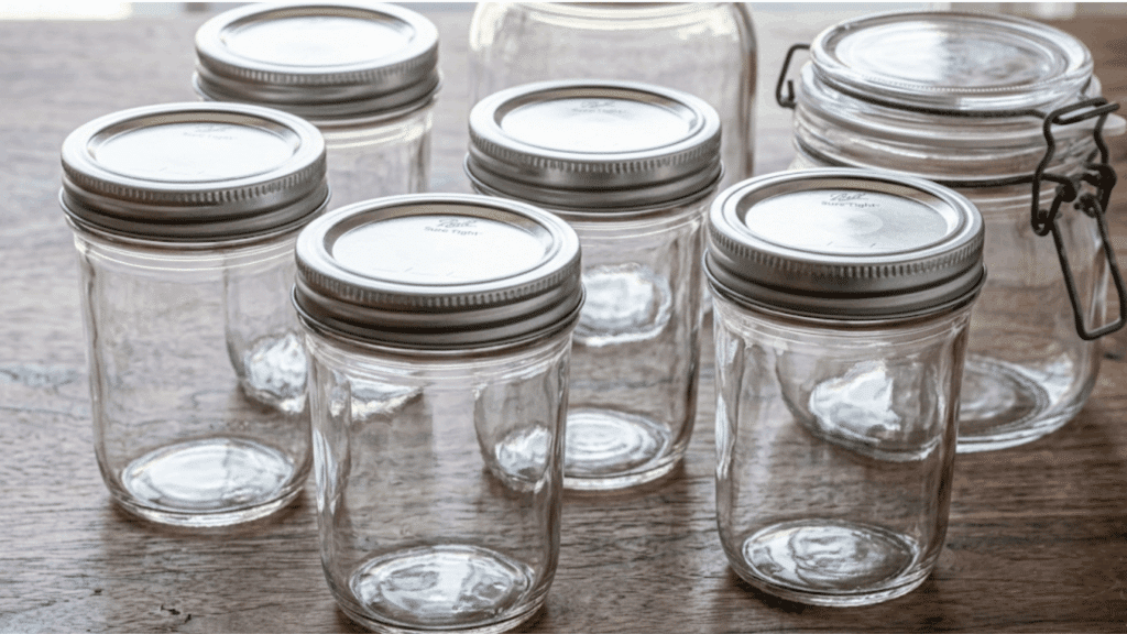 clean glass jars with lids arranged on table ready for how to sterilize jars process for safe food storage at home