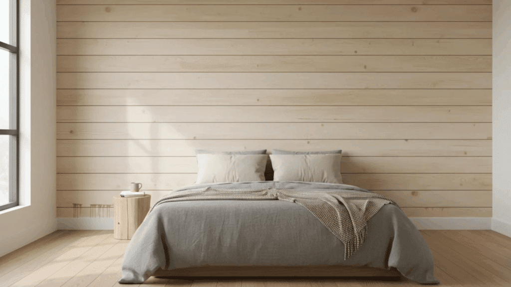 clean white bedroom with gallery wall above bed soft bedding and side table with lamp