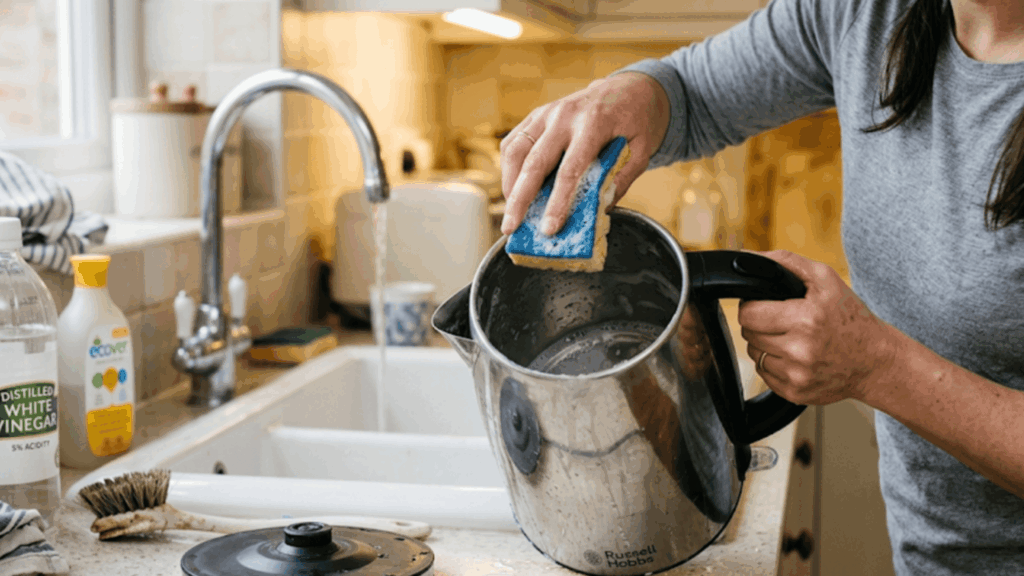 cleaning electric kettle inside using sponge and vinegar to remove limescale and stains at home