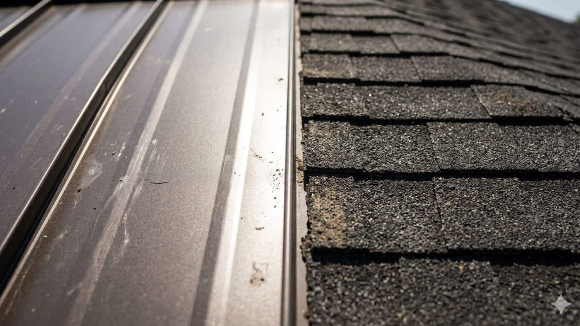 close up comparison of metal roof panels and asphalt shingles showing sunlight reflection and roof material texture