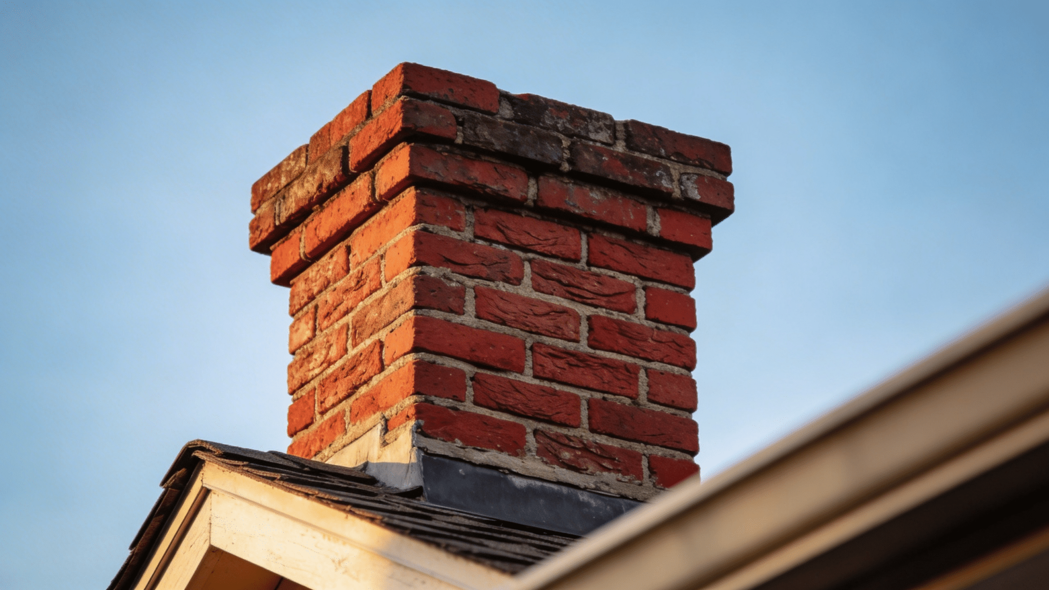 close up of red brick chimney on house roof under clear blue sky with sunlight highlighting texture and edges