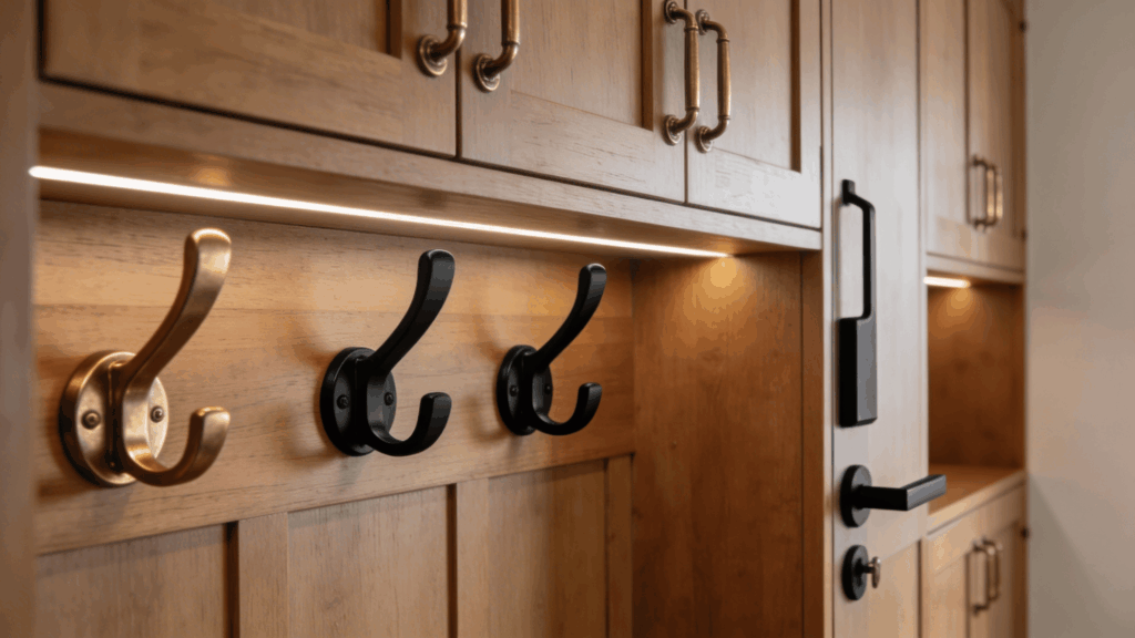 close up of wooden wall with metal hooks and cabinet lighting creating warm detailed entry storage design