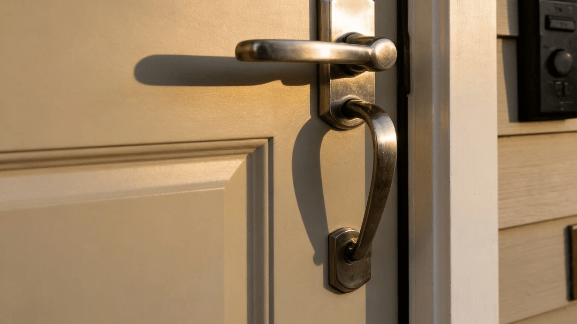 close view of door handle and lock on light colored front door with sunlight casting shadow