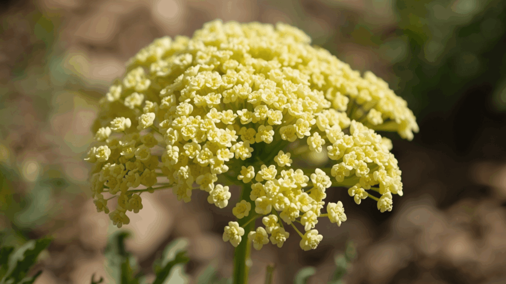 close view of pale yellow yarrow flower cluster with many tiny blooms in a soft blurred background