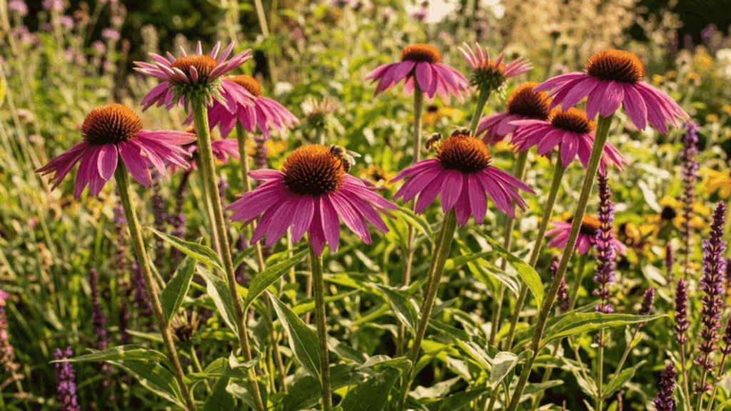close view of pink coneflower blooms with raised centers growing in a sunny green garden