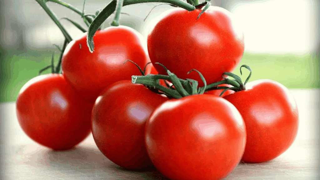 cluster of fresh red campari tomatoes on the vine placed on a wooden surface with a blurred green background