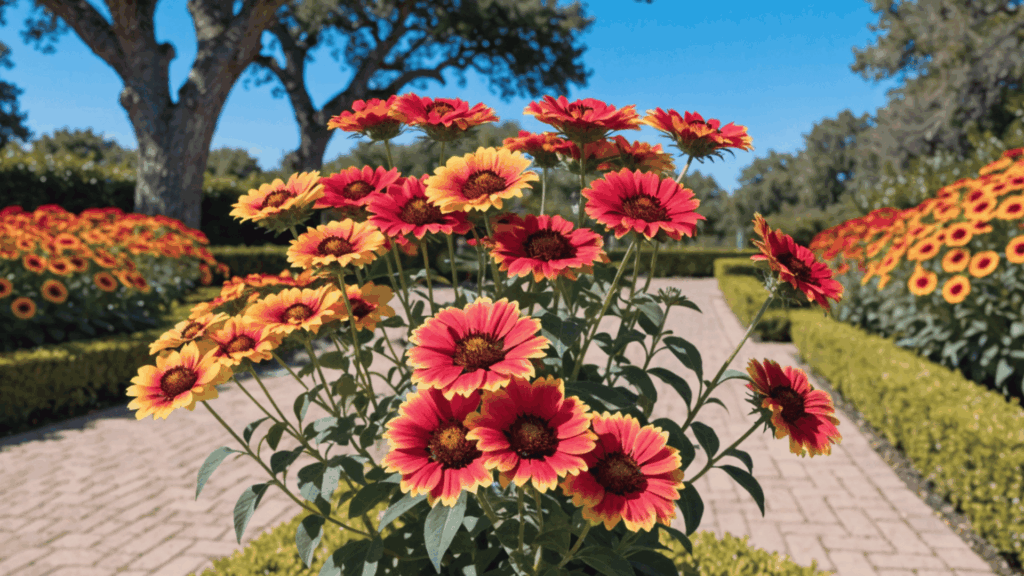 cluster of red and yellow blanket flowers growing along a garden path bordered by trimmed hedges and trees