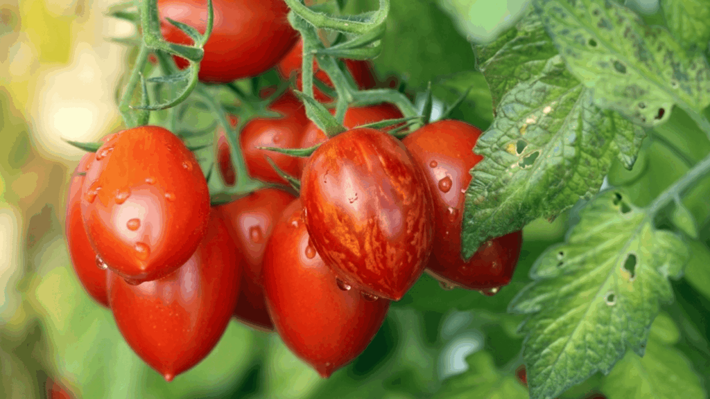 cluster of red roma vf tomatoes with water droplets growing on a vine, with green leaves and a small ladybug on one leaf
