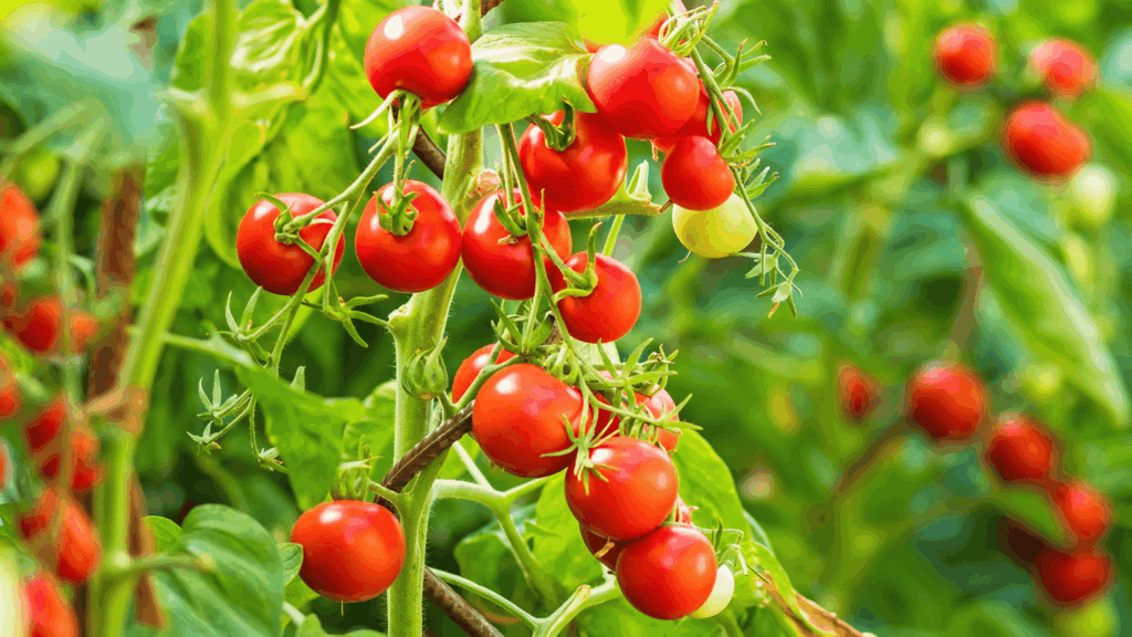 cluster of ripe red cherry tomatoes growing on vine with green leaves in a bright garden setting