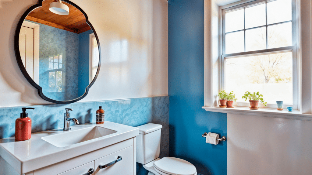 coastal blue bathroom design with bright window white sink and light airy seaside feel